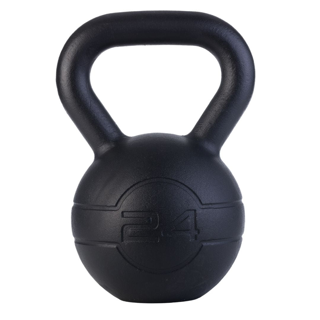 The JORDAN Cast Iron Kettlebell features a smooth black finish, wide handle, and “24” embossed on the front for its 24 kilo weight. Its durable design makes it ideal for full-body workouts.