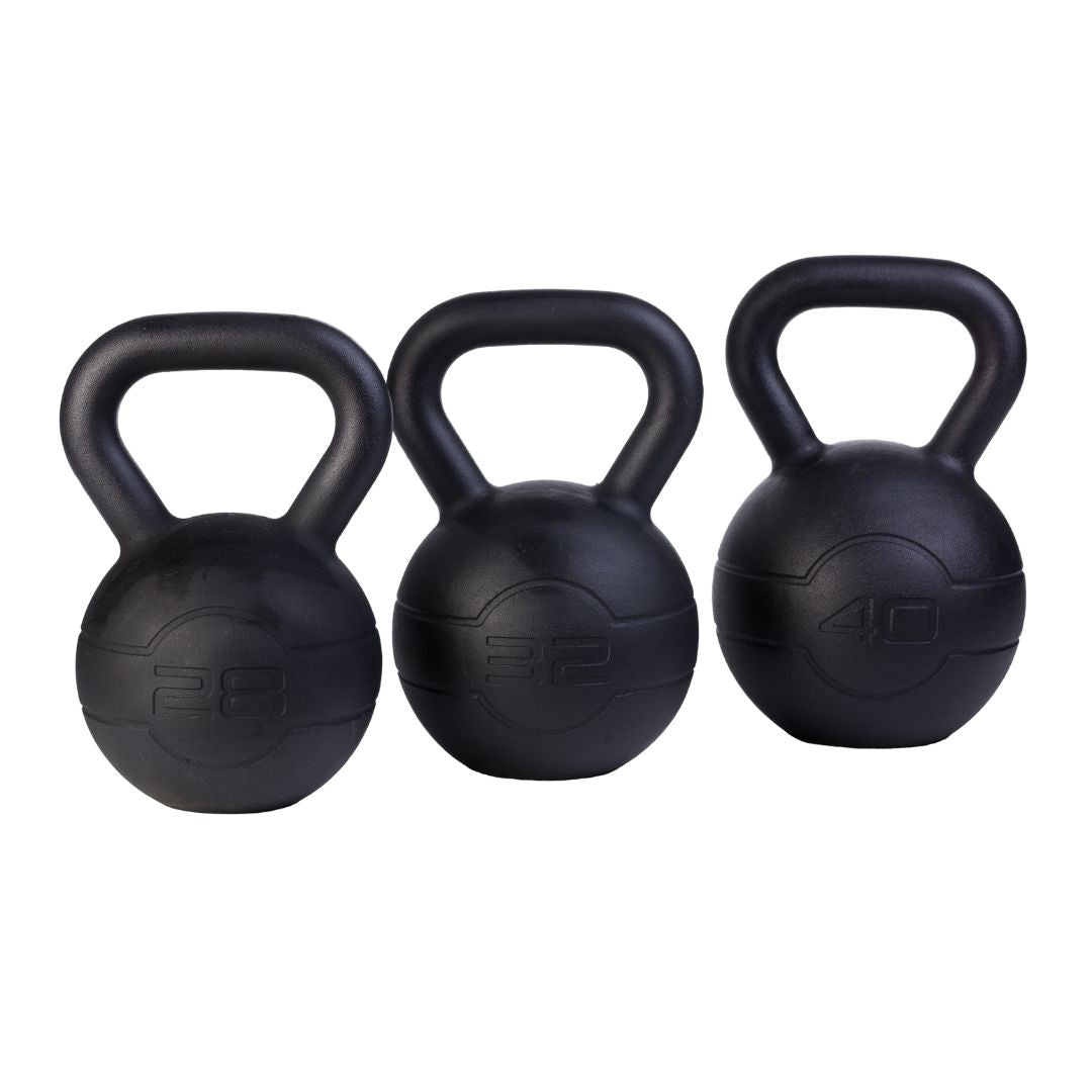 The JORDAN Cast Iron Kettlebell by Jordan features a smooth black finish, wide handle, and “20/32/40” embossed on the fronts for their 20/32/40 kilo weight, their durable design makes them ideal for full-body workouts.