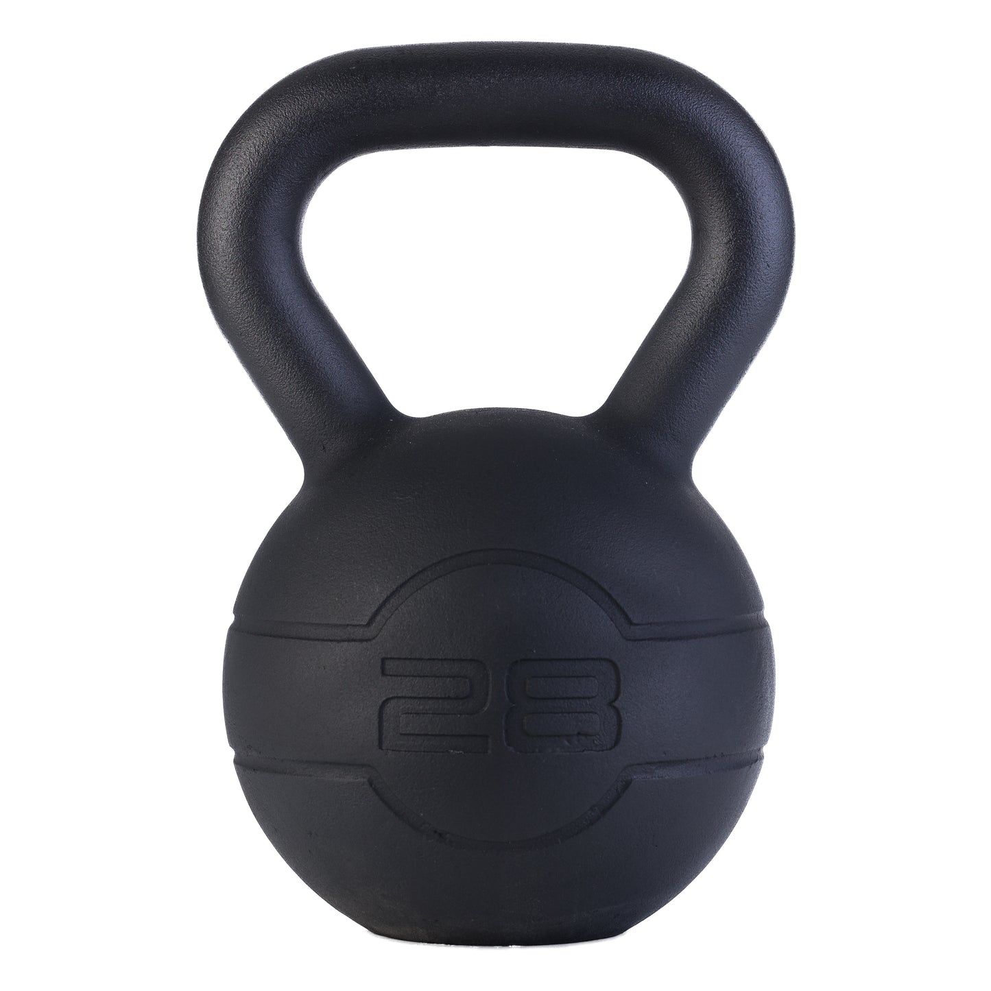The JORDAN Cast Iron Kettlebell by Jordan features a smooth black finish, wide handle, and “28” embossed on the front for its 28 kilo weight. Its durable design makes it ideal for full-body workouts.