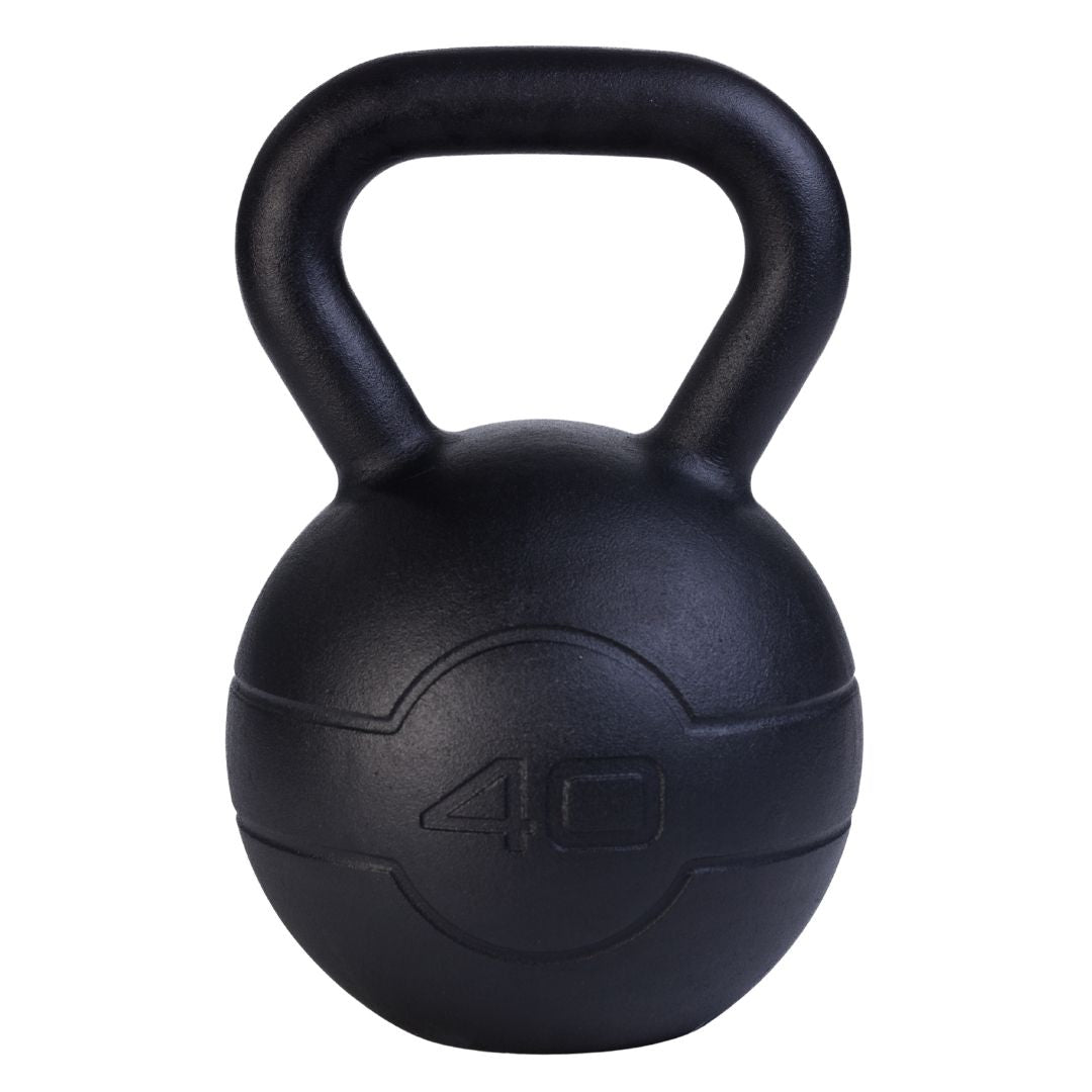 The JORDAN Cast Iron Kettlebell features a smooth black finish, wide handle, and “40” embossed on the front for its 40 kilo weight. Its durable design makes it ideal for full-body workouts.