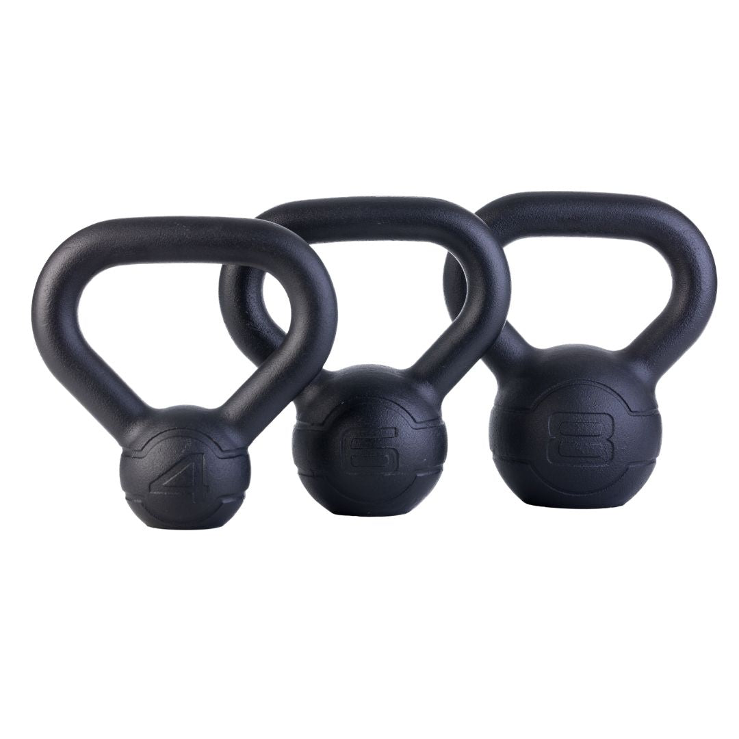 The JORDAN Cast Iron Kettlebells feature a smooth black finish, wide handle, and “4/6/8” embossed on the fronts for their 4/6/8 kilo weight. the durable design make them  ideal for full-body workouts.
