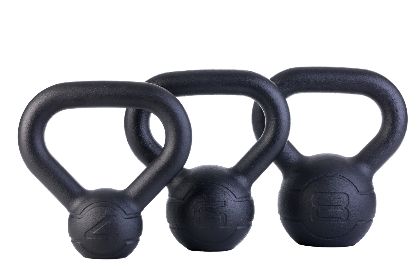 The JORDAN Cast Iron Kettlebells feature a smooth black finish, wide handle, and “4/6/8” embossed on the fronts for their 4/6/8 kilo weight. the durable design make them  ideal for full-body workouts.