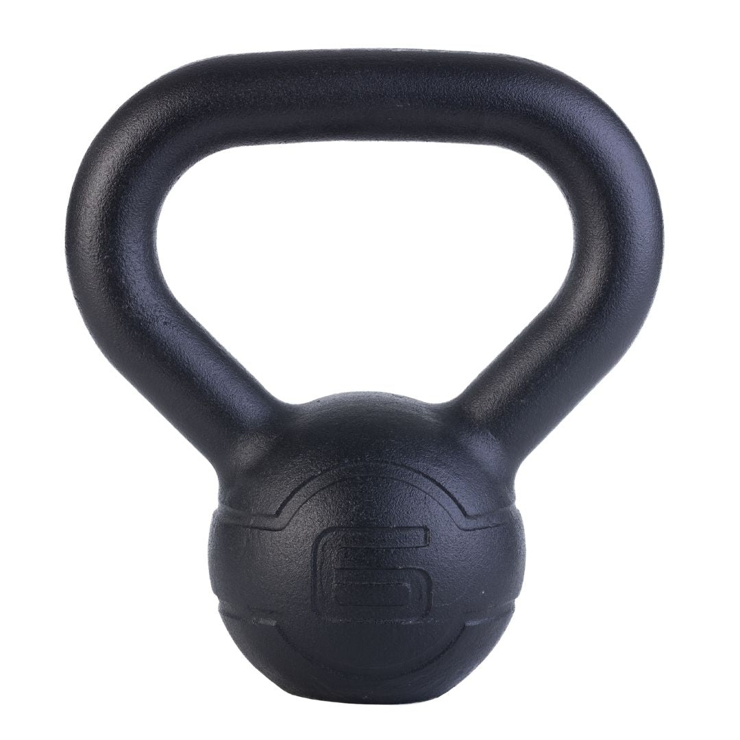 The JORDAN Cast Iron Kettlebell features a smooth black finish, wide handle, and “6” embossed on the front for its 6 kilo weight. Its durable design makes it ideal for full-body workouts.