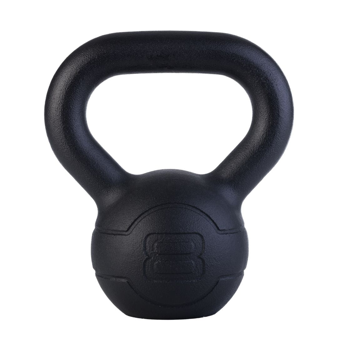 The JORDAN Cast Iron Kettlebell  features a smooth black finish, wide handle, and “8” embossed on the front for its 8 kilo weight. Its durable design makes it ideal for full-body workouts.