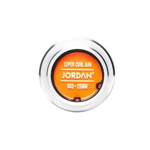 A close-up of the JORDAN Steel Series Super Curl Bar – 1200mm Olympic Barbell for Biceps & Triceps, labeled “SUPER CURL BAR JORDAN 9KG • 25MM” in bold on an orange background, designed for ergonomic bicep and tricep workouts.