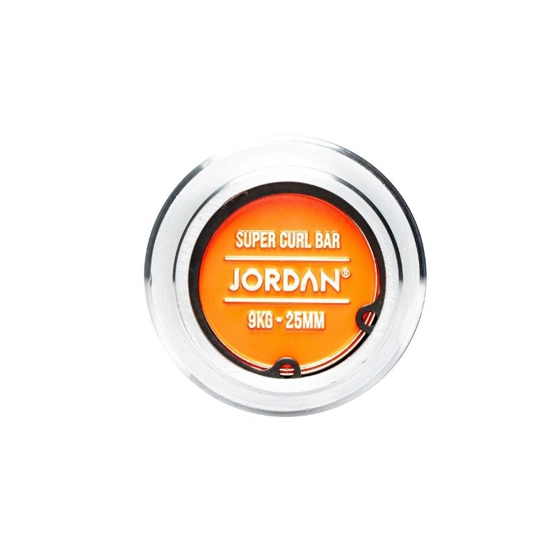 A close-up of the JORDAN Steel Series Super Curl Bar – 1200mm Olympic Barbell for Biceps & Triceps, labeled “SUPER CURL BAR JORDAN 9KG • 25MM” in bold on an orange background, designed for ergonomic bicep and tricep workouts.