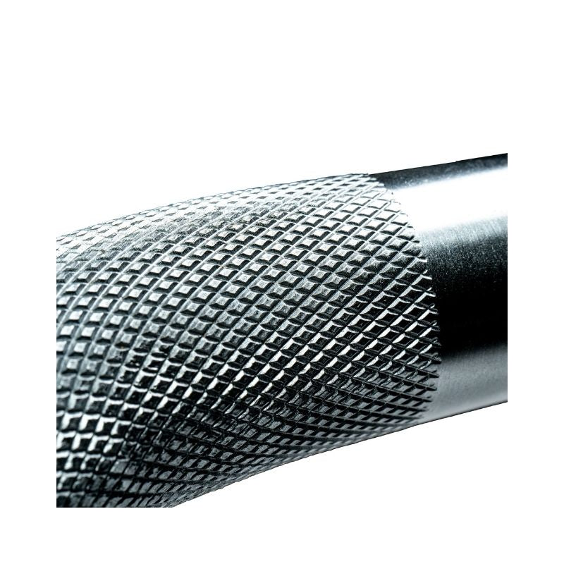 Close-up of the JORDAN Steel Series Super Curl Bar – 1200mm Olympic Barbell, featuring a textured grip and polished finish, ideal for biceps and triceps workouts by Jordan, shown against a white background.