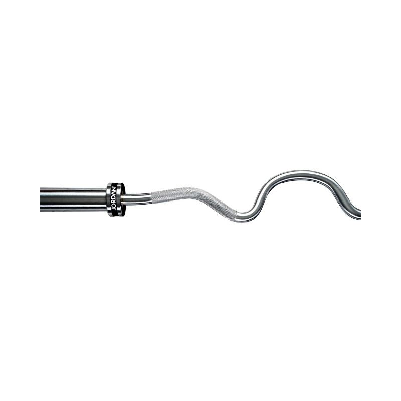 A close-up of the Jordan Steel Series Super Curl Bar – a 1200mm Olympic barbell with a wavy, ergonomic grip for biceps and triceps – is shown isolated on a white background.