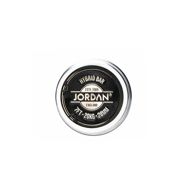 A round, black and silver weight plate is shown against a white background, designed to pair perfectly with the JORDAN Elite Olympic Bar – 20kg, 7ft, 185,000 PSI with needle bearings from Jordan.