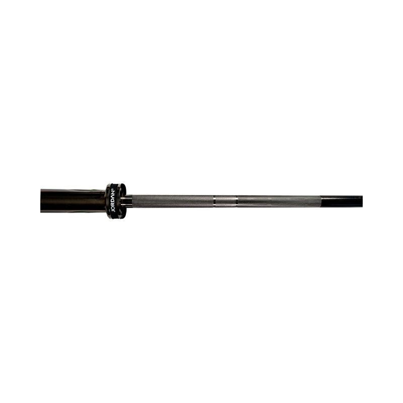 The Jordan Black Olympic "Shadow" Bar – a 7ft, titanium-coated barbell (20kg, 215K PSI, 900kg capacity) with knurled grip and black weight collar – is shown against a white background, ideal for powerlifting.