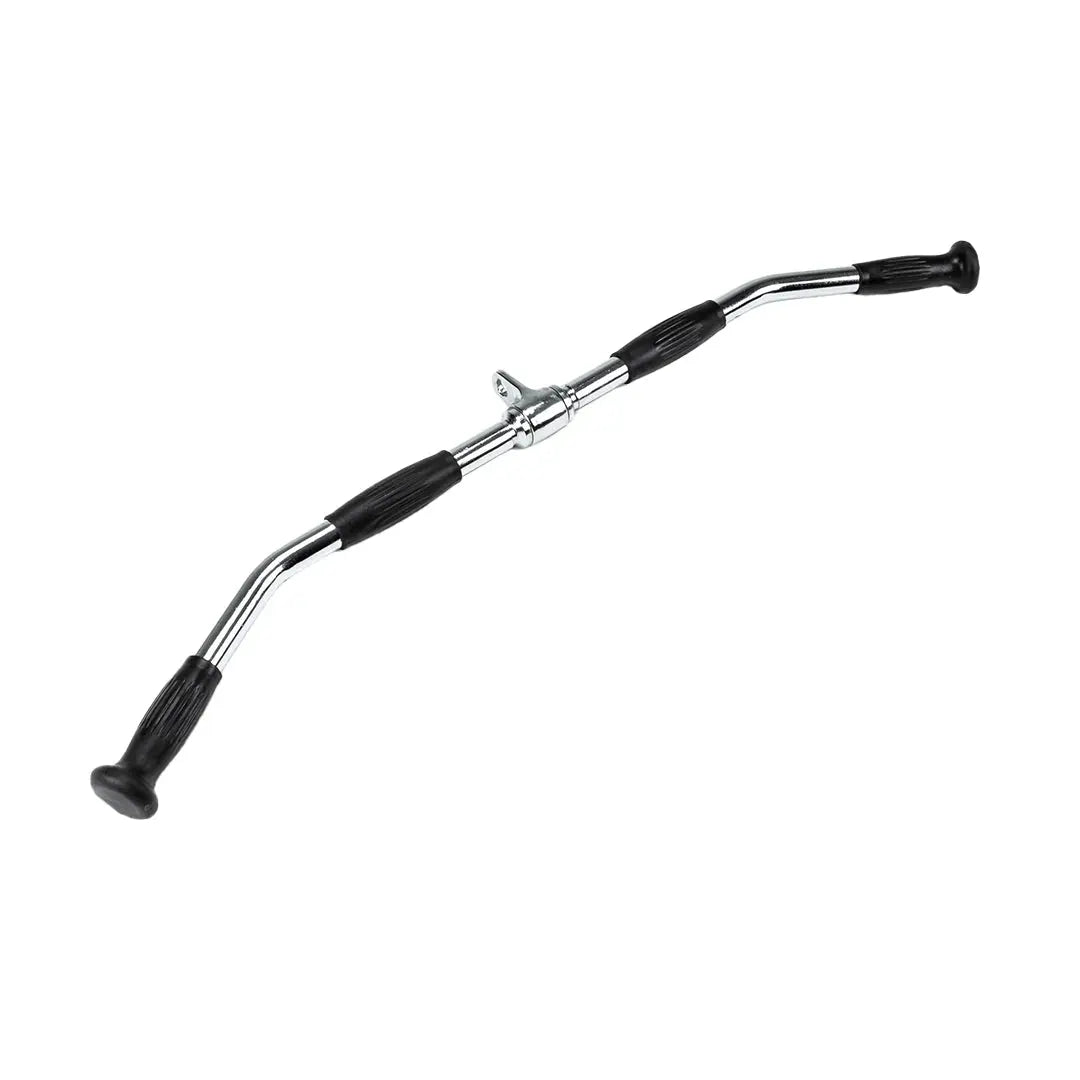 The Jordan 36 Standard Lat Pulldown Bar, chrome-plated and V-shaped with black rubber grips, serves as a versatile cable attachment. Its central attachment point easily connects to gym equipment, making it perfect for upper-body strength training.