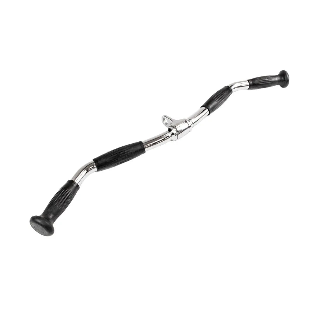 The Jordan Cable Curl Bar Attachment is a chrome and black rubber handlebar for cable machines. It features a durable V-shape design with urethane grips and angled ends for ergonomic hand positioning.