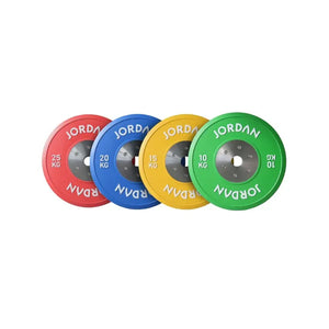 A green 10kg JORDAN Olympic Competition Calibrated Weight Plate (IWF Standard) features Jordan in white twice on the edge and a metal center ring.