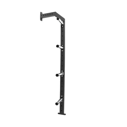 The Jordan HELIX Power Rack (LTR) Weight Storage Horns Attachment is a sleek, black wall-mounted rack with four horizontal pegs for optimal weight storage, compatible with the HELIX Power Rack, making it an essential gym organization solution.