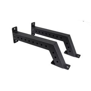 The Jordan Helix Fixed Power Rack Foot Attachments (pair) are black metal wall brackets with a Z-shape and multiple circular holes for mounting. These commercial-quality components are perfect for supporting shelves or racks, ensuring sturdy attachment in gym settings.