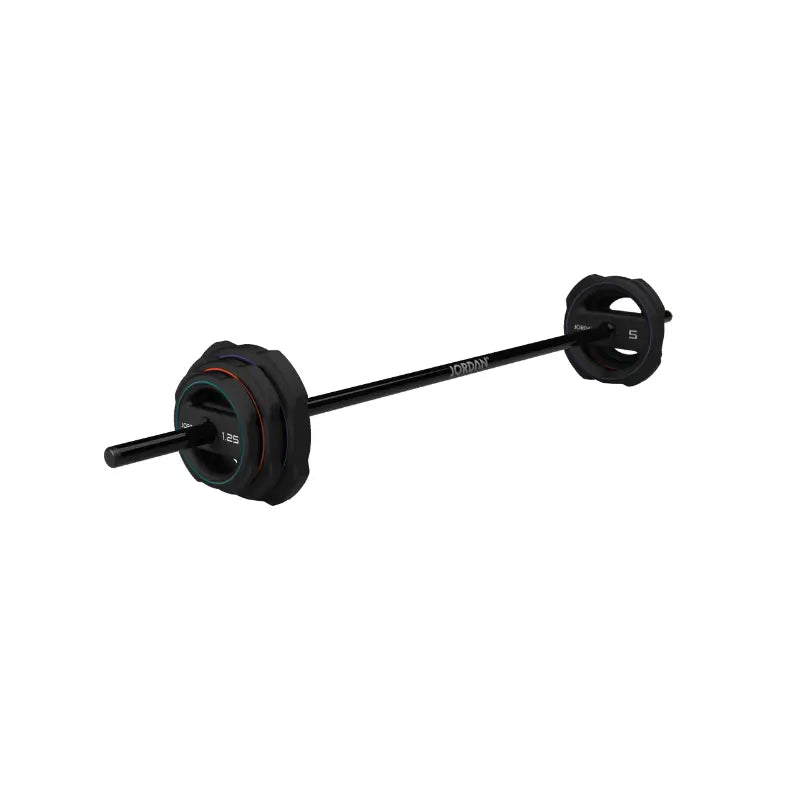 The Jordan Ignite Pump X™ Rubber Studio Set features a black studio barbell with textured grip and labeled round rubber plates, all in a sleek design, studio ready and shown isolated on a white background.