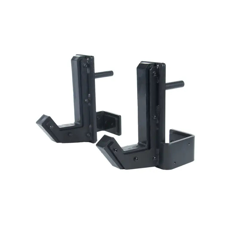 Two commercial-grade Jordan J75 J-Hooks – Barbell Rack Supports for JORDAN® Power Racks, featuring angled black metal hooks and mounting pegs for secure barbell placement on your power rack or squat rack.