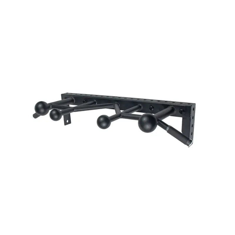 The Jordan J75 Multi Pull Up Bar is a wall-mounted, black metal multi-grip rack attachment for grip and back training, featuring three angled rods with spherical ends and a rectangular mounting plate for secure installation.