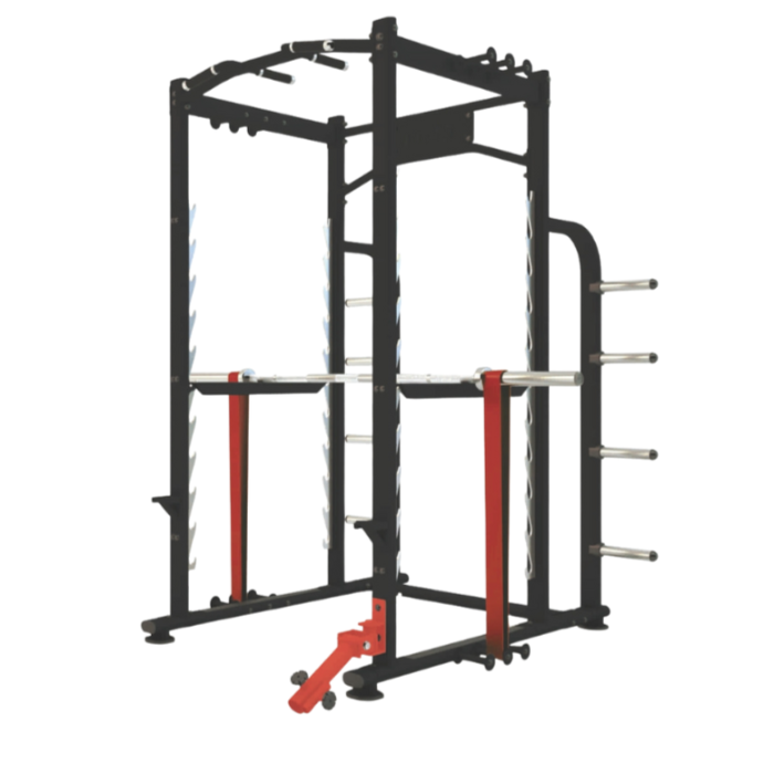 Black and red weightlifting rack on a white background