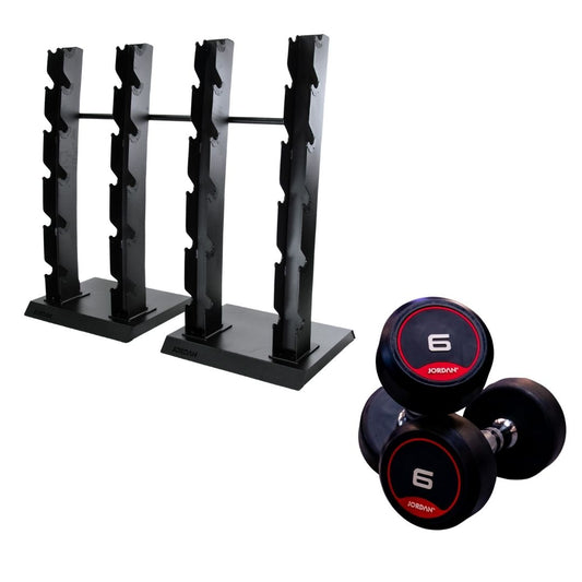Two black vertical racks labeled Jordan hold a JORDAN Dumbbell Set (2.5kg–30kg) with multiple pairs of rubber dumbbells, each clearly marked—ideal for upgrading your home gym with quality and style.