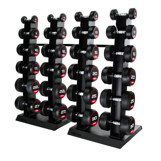 Two black vertical racks labeled Jordan hold a JORDAN Dumbbell Set (2.5kg–30kg) with multiple pairs of rubber dumbbells, each clearly marked—ideal for upgrading your home gym with quality and style.