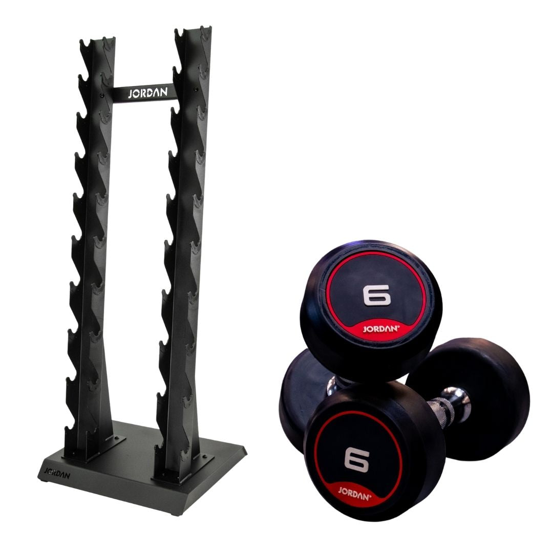 A home gym vertical rack holds a JORDAN Dumbbell Set with black dumbbells and red accents, ranging from 2kg to 20kg, ideal for strength training. The sleek rack prominently displays the Jordan brand name.