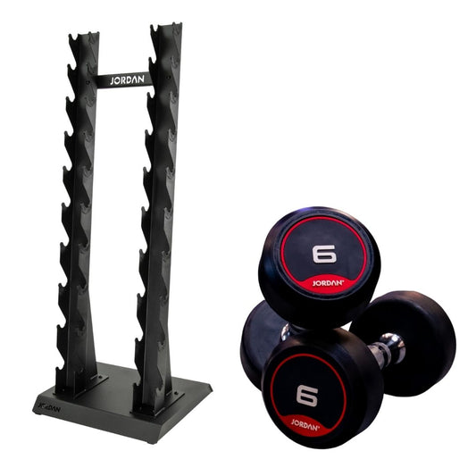 A home gym vertical rack holds a JORDAN Dumbbell Set with black dumbbells and red accents, ranging from 2kg to 20kg, ideal for strength training. The sleek rack prominently displays the Jordan brand name.