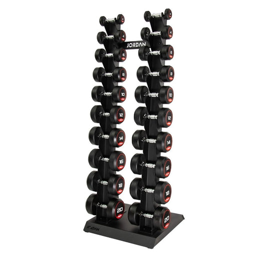 A home gym vertical rack holds a JORDAN Dumbbell Set with black dumbbells and red accents, ranging from 2kg to 20kg, ideal for strength training. The sleek rack prominently displays the Jordan brand name.