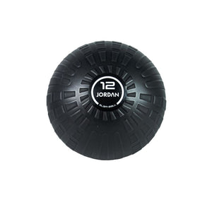 A black JORDAN High-Performance Slam Ball with textured grip and "12 JORDAN SLAM BALL" in white at the center, shown on a white background—perfect for strength and high-intensity training.