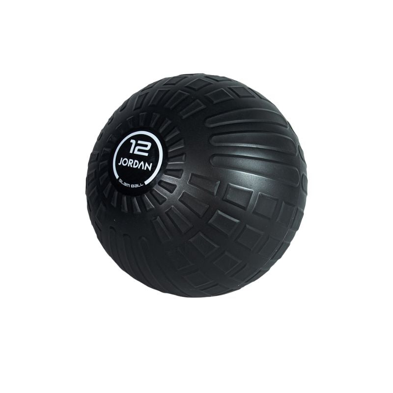 The JORDAN High-Performance Slam Ball by Jordan features a black textured surface and a white circular patch with "12," ideal for high-intensity and strength workouts.