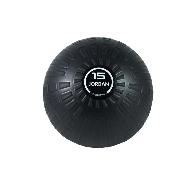 A black JORDAN High-Performance Slam Ball from Jordan with a textured grip and "15" in white at the center, viewed from above — perfect for high-intensity training and strength-based workouts.