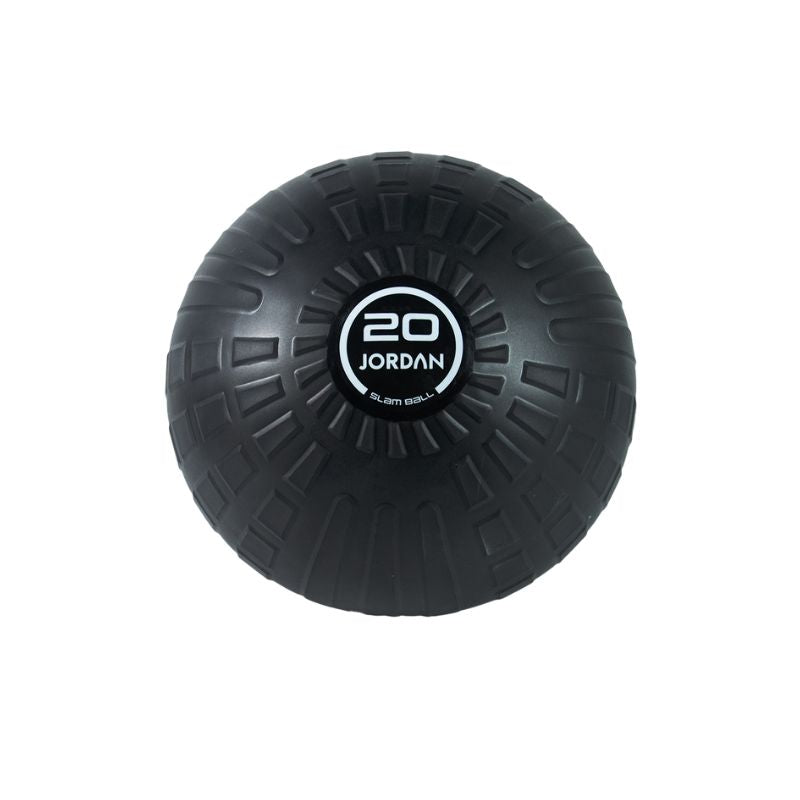 A black JORDAN High-Performance Slam Ball with a textured surface is shown from above. The center label reads 20, highlighting its use for intense and strength-based training. Brand: Jordan.
