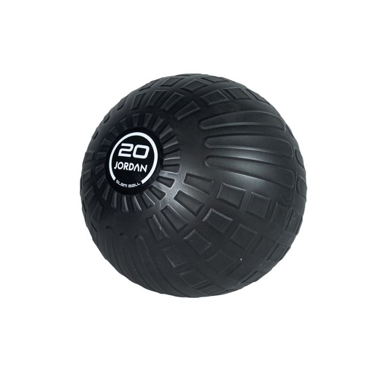 The JORDAN High-Performance Slam Ball by Jordan features a black textured surface and a circular label with “20 JORDAN” and “20LB/9KG” in white, making it ideal for strength-based training.