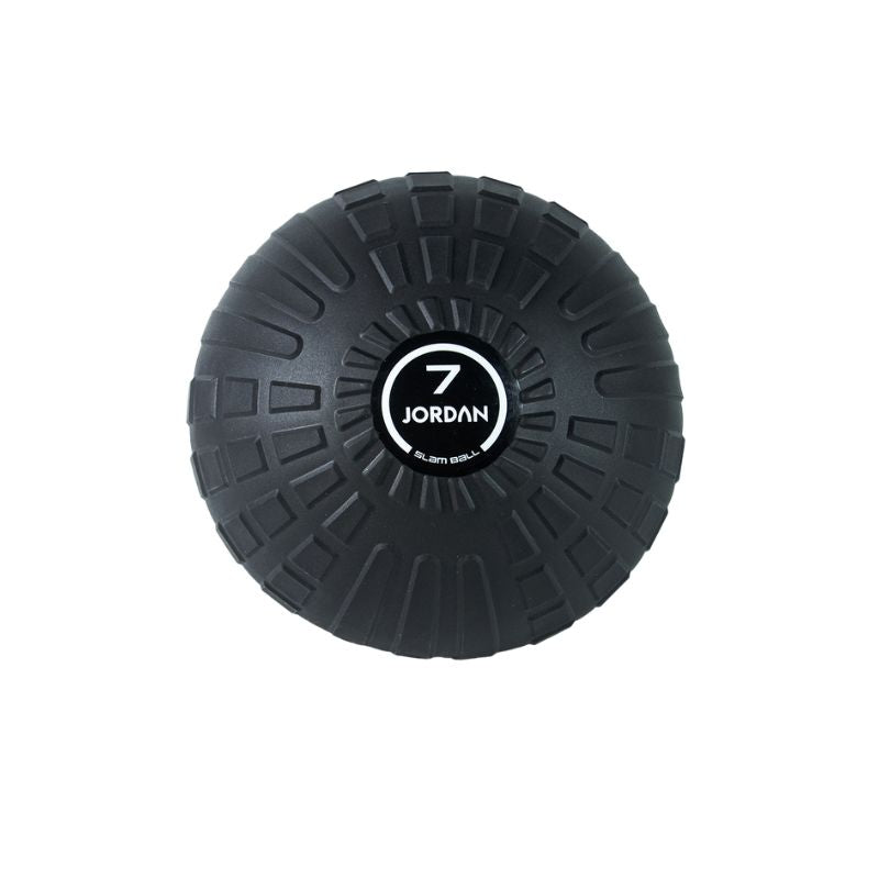 The JORDAN High-Performance Slam Ball by Jordan is black with a textured surface, ideal for strength training, and displays the number 7 and JORDAN in white on a circular center label.