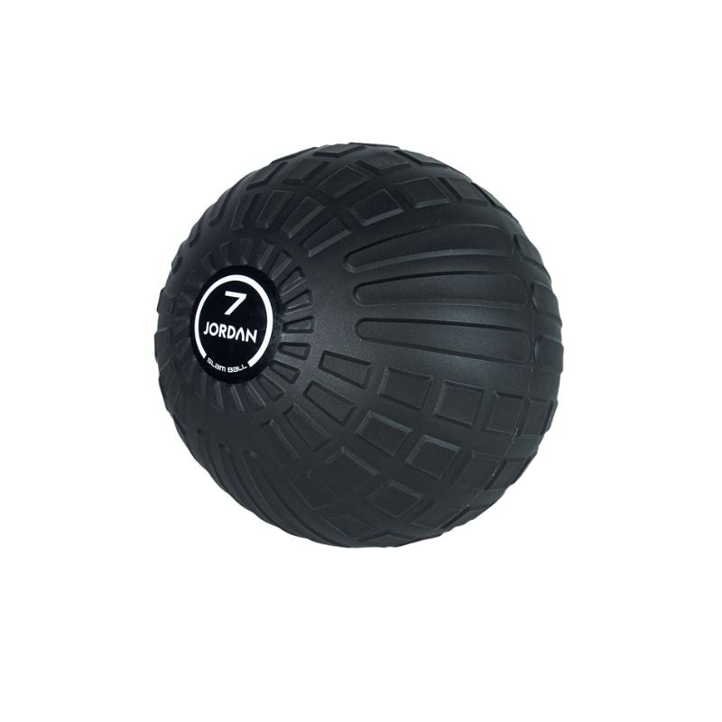 The JORDAN High-Performance Slam Ball by Jordan features a black textured surface and a front circular label with "7 JORDAN," ideal for high-intensity or strength-based training.