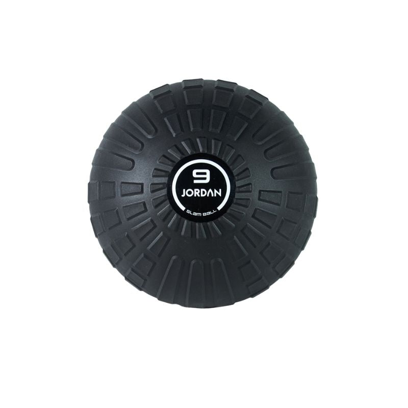 The JORDAN High-Performance Slam Ball by Jordan is black with a textured surface, features "9 JORDAN" in white at the center, and is designed for high-intensity training. Seen from above on a white background.