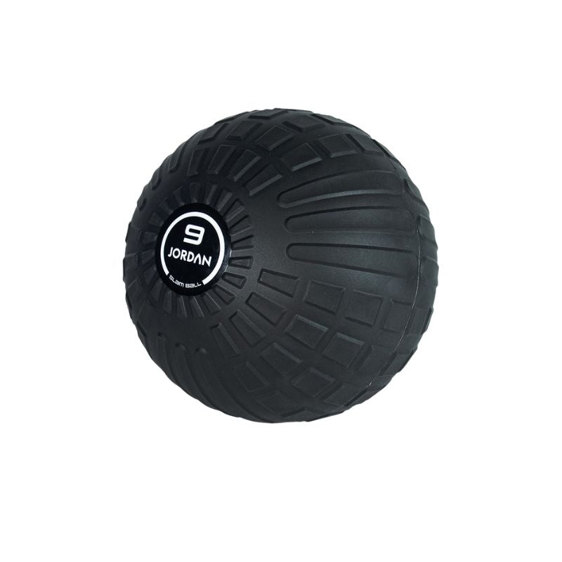 The JORDAN High-Performance Slam Ball is black with a textured, tire-like surface and a white label showing the number 9 and the Jordan brand—perfect for high-intensity or strength-based training.