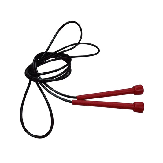 Black jump rope with red handles on a white background