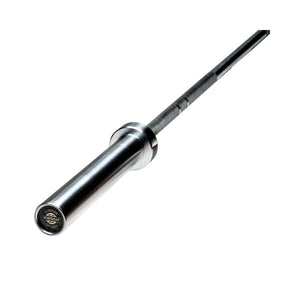A close-up of the JORDAN Ultimate Olympic Bar, a men's or women's 15kg/20kg competition-standard barbell by Jordan, showcases its textured grip, smooth branded end cap, and durable 200K PSI tensile strength against a white background.