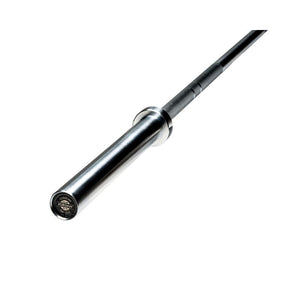 A close-up of the Jordan Ultimate Olympic Bar – a competition-standard 15kg/20kg barbell – highlights its smooth cylindrical sleeve and circular cap, shown angled diagonally on a white background.