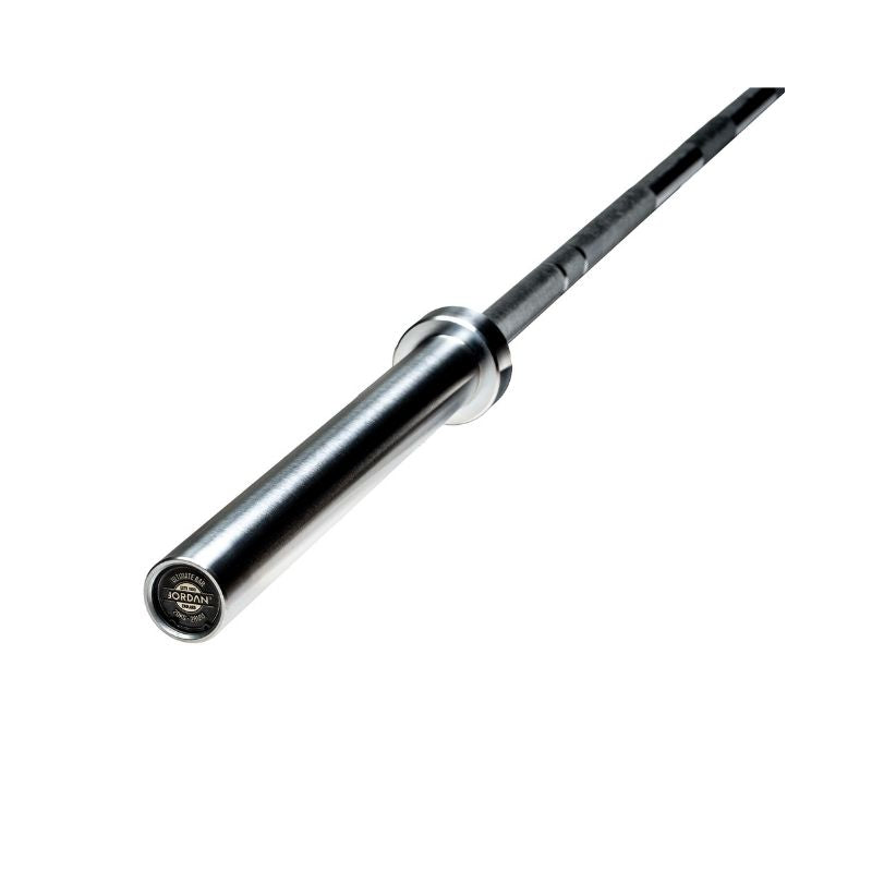 A close-up of the JORDAN Ultimate Olympic Bar by Jordan, showcasing its knurled grip and branded end cap; this men’s & women’s 15kg/20kg competition-standard barbell boasts a 200K PSI tensile strength, set against a white background.