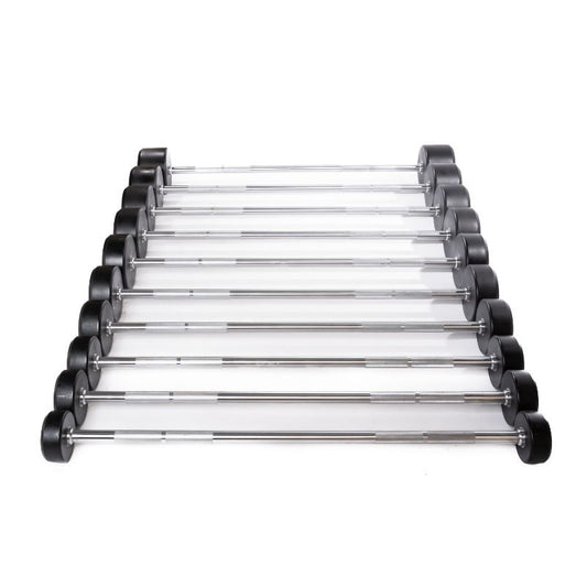The MYO Strength Urethane Barbell Set features 10 fixed barbells (10kg–50kg), each with black and silver urethane finishes and labeled end caps, displayed diagonally on a white background.