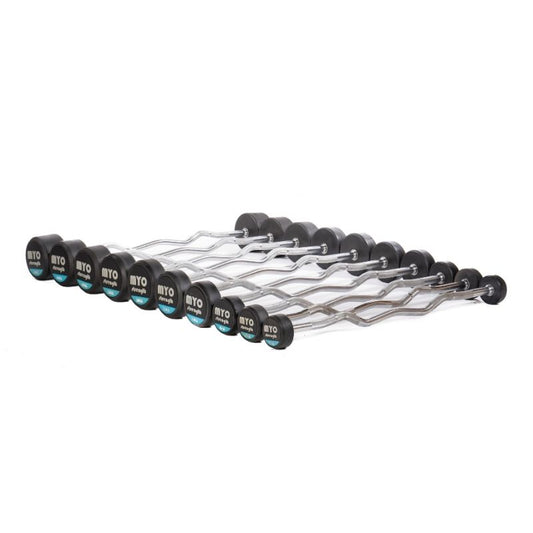 A set of ten MYO Strength Rubber Barbells Set - Curled Bar (10kg–50kg) by MYO Strength, with black round weights and chrome handles, arranged in a row on a white background. Weights display numbers and the MYO logo.