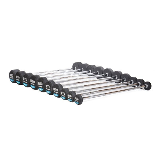 A set of ten MYO Strength Rubber Barbells (Fixed Bar, 10kg-50kg) with black rubber weights and chrome handles, labeled by weight, neatly arranged in parallel rows—ideal for commercial gym setups.