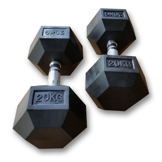 Two MYO Strength Hex Rubber Dumbbells with metal handles, each 20kg, are placed on a white background. Their anti-roll design and durable build offer stability and long-lasting performance. Set range: 2.5kg-25kg (10 pairs).