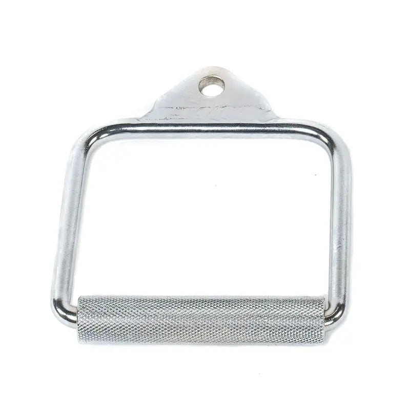 The MYO Strength Cable Attachment – Stirrup Handle by MYO Strength features a knurled grip and triangular mount, easily connecting to gym equipment for versatile strength training.