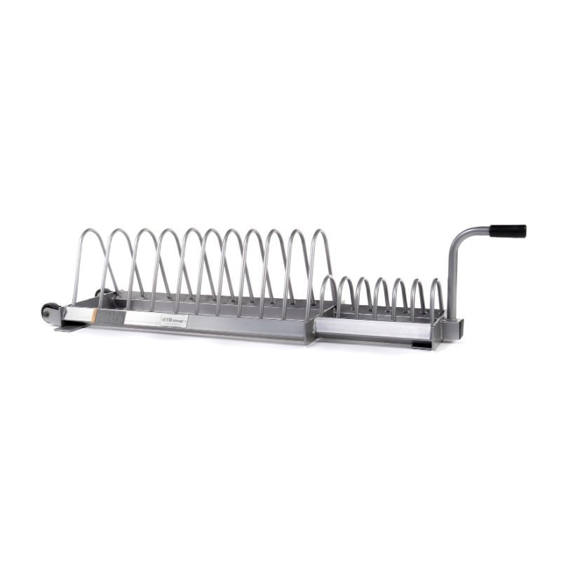 The MYO Strength - Olympic Plate Storage Rack by MYO Strength features a handle and curved wire slots, perfect for securely holding items like bumper plates.
