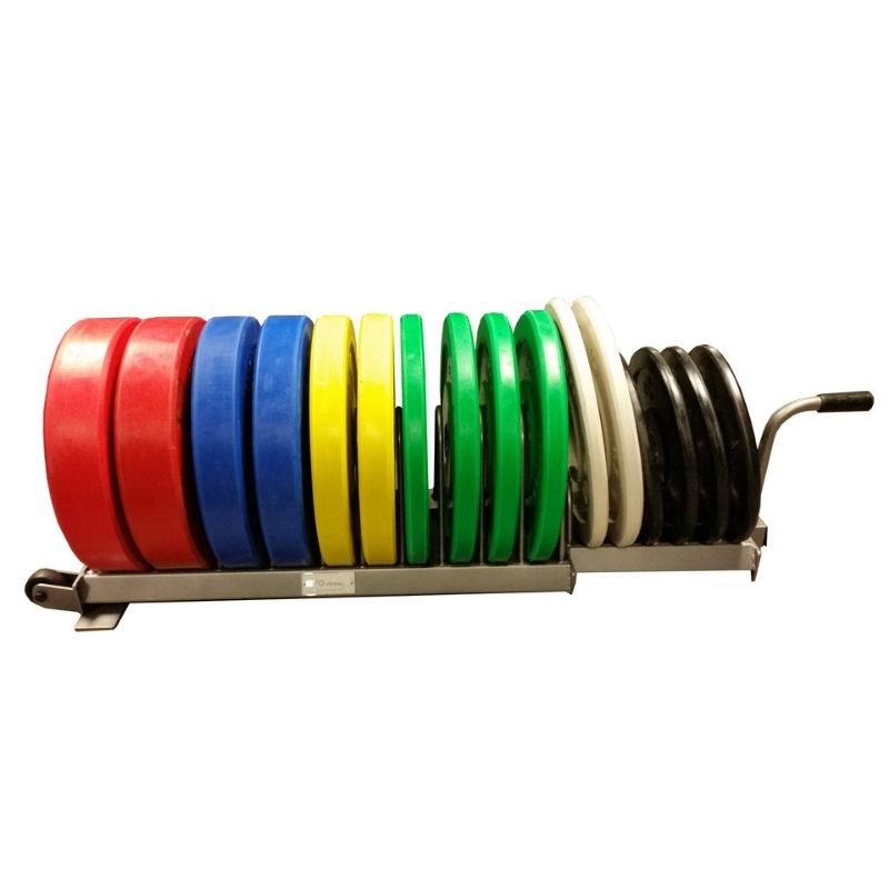 The MYO Strength - Olympic Plate Storage Rack by MYO Strength features a handle and curved wire slots, perfect for securely holding items like bumper plates.