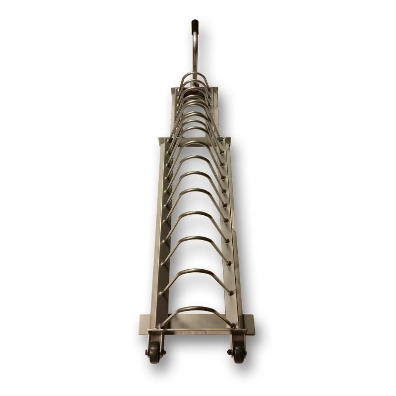 The MYO Strength - Olympic Plate Storage Rack by MYO Strength features a handle and curved wire slots, perfect for securely holding items like bumper plates.