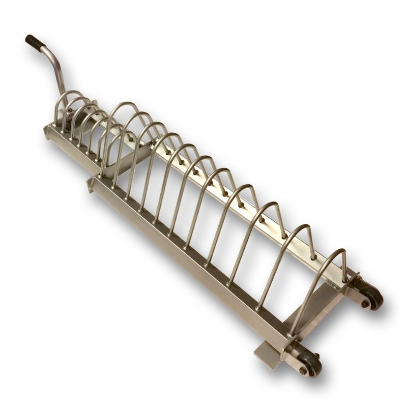 The MYO Strength - Olympic Plate Storage Rack by MYO Strength features a handle and curved wire slots, perfect for securely holding items like bumper plates.